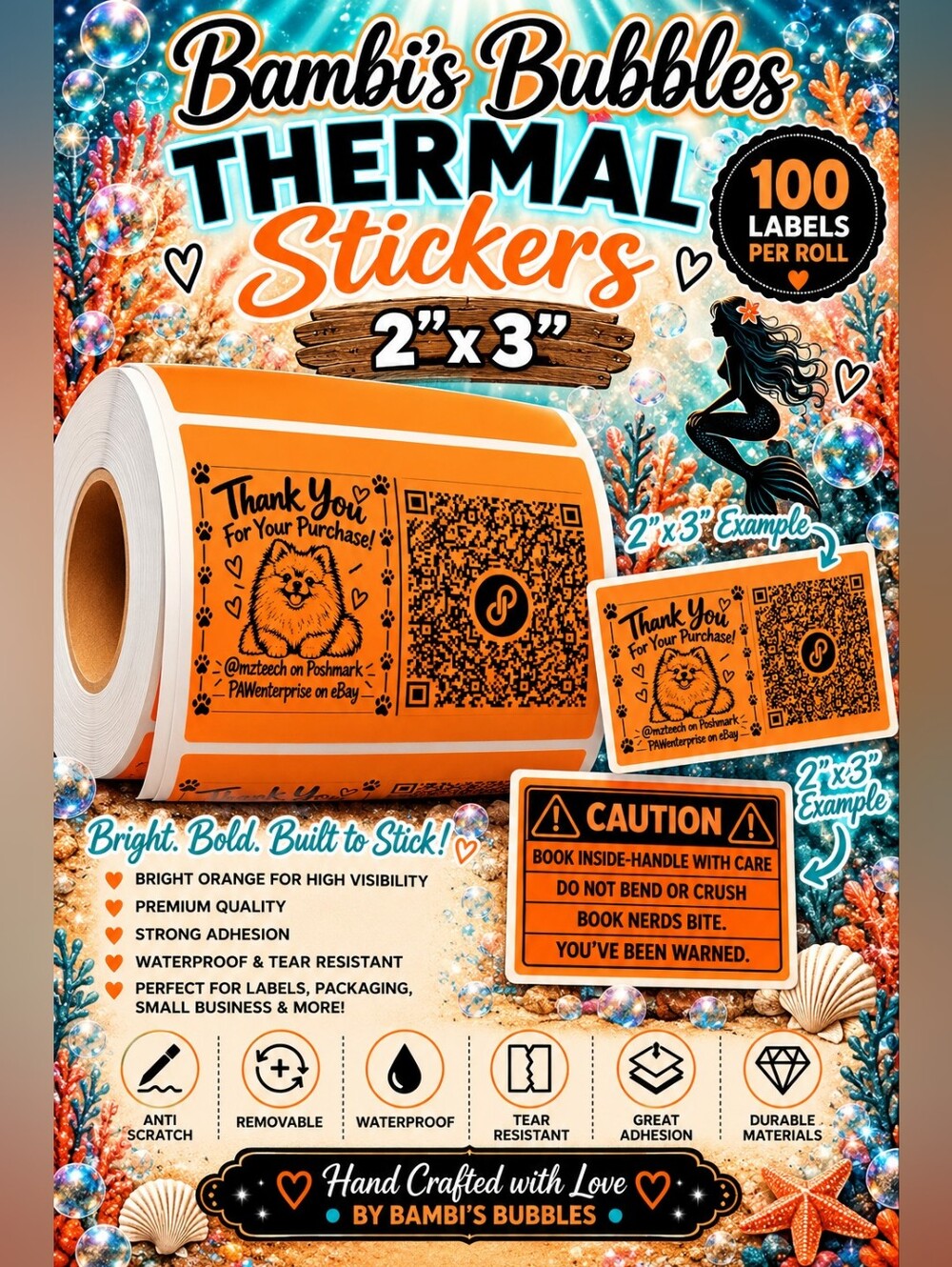 BUY NOW! Bambi's Bubbles Bright Orange Thermal Sticker Roll - 2 x 3" 100 Count